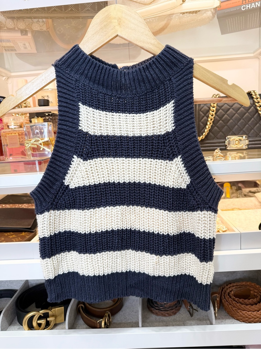 Taylor & Sage Navy and Cream Striped Sleeveless Knit Top
